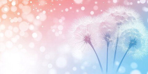 Dreamy silhouettes of dandelion seeds against a soft pink and blue gradient backdrop with bokeh effect. Perfect for romantic and whimsical designs
