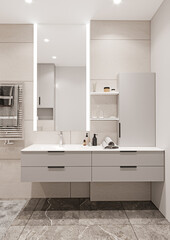 Accent wall in the bathroom with a rectangular mirror with LED backlight on the face. Interior in natural beige tones with stone tiles and mouse shade furniture