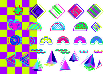 Vector set shapes in the Memphis Milano aesthetic. Contemporary layered geometric elements in vibrant colors, squiggles, diamonds, stars, triangles, circles