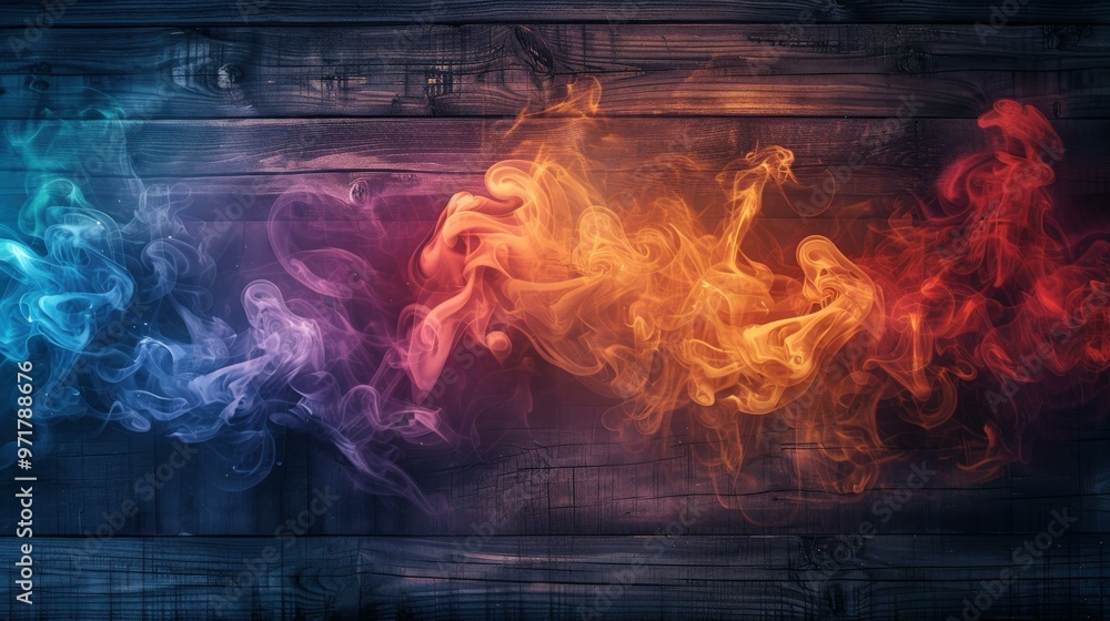 Wall mural colorful smoke effect on rustic wood background