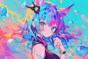 Anime girl with colorful hair, eyes, and background. Abstract art illustration for social media.