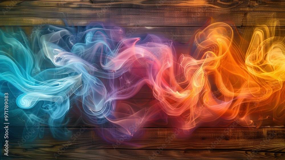 Wall mural Abstract Colorful Smoke on Wooden Background