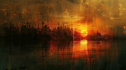Cityscape Sunset with Water Reflection and Grunge Texture