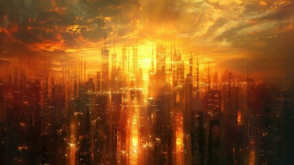 Futuristic Cityscape with Sunset Glow and Lights