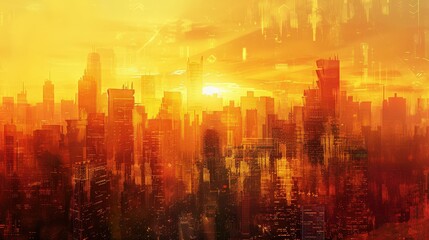 Fototapeta premium Sunset Cityscape with Warm Colors and Digital Effects