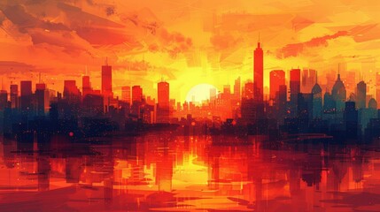 Cityscape Sunset Reflection Abstract Art