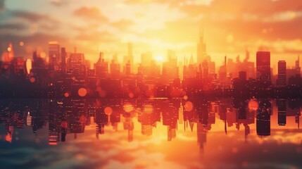 Fototapeta premium Cityscape Reflection Sunset - Silhouettes of Buildings