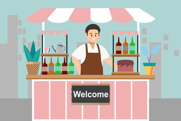 Marketing and small business ideas shop owner man with a shop that is looked after by only one person Cartoon flat vector illustration.
