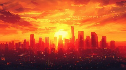 Cityscape Sunset Silhouette Digital Art Illustration