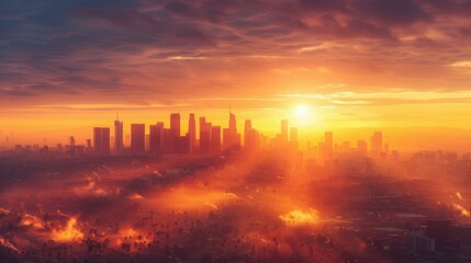 Golden Sunset Over City Skyline with Clouds