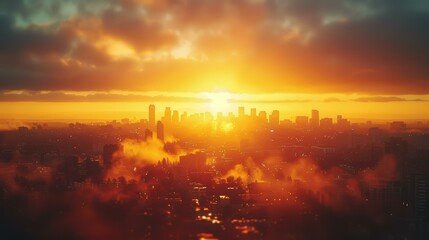 Fototapeta premium City Skyline Sunset with Fog and Golden Light