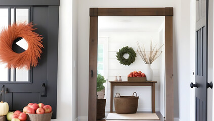 entryway large mirror framed wood flanked autumn wreaths baskets apples