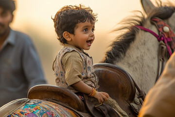 A young child sitting on a horse with a happy and excited expression, captured during the golden hour with soft, cinematic lighting.