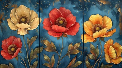 Floral Painting Blue Background Gold Leaves