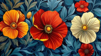 Fototapeta premium Colorful Floral Painting with Red, Yellow and White Flowers on Blue Background