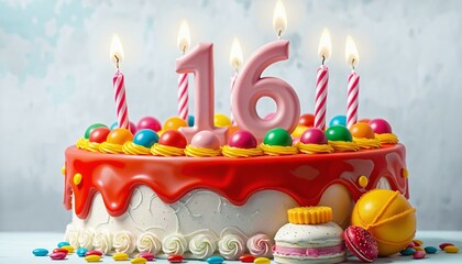 Vibrant 16th Birthday Cake with Candles and Colorful Sweets
