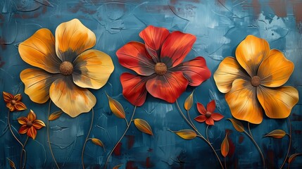 3D Floral Wall Art - Red Orange Flowers on Blue Background