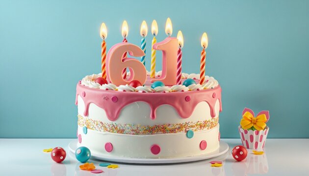 Vibrant 61th Birthday Cake with Candles and Colorful Sweets