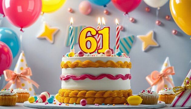 Vibrant 61th Birthday Cake with Candles and Colorful Sweets