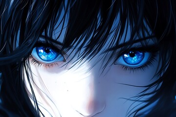 Close up of Anime female character with blue eyes, mysterious expression. Digital art, animation