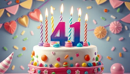 Vibrant 41th Birthday Cake with Candles and Colorful Sweets