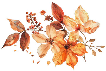 Fototapeta premium Watercolor Autumn Floral Arrangement with Leaves on Transparent Background PNG