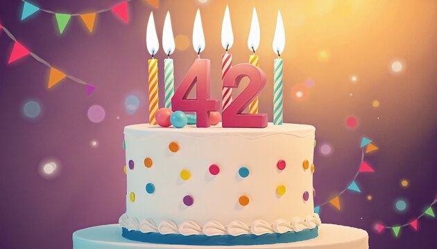 Vibrant 42th Birthday Cake with Candles and Colorful Sweets