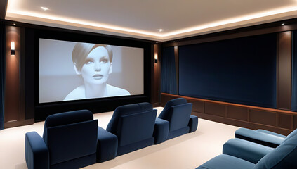 Fototapeta premium luxurious home theater plush seating large projector screen dark velvet curtains