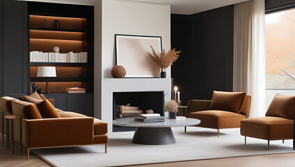 luxury living room velvet furniture autumnal decor stone fireplace creating elegant yet cozy fall vibe