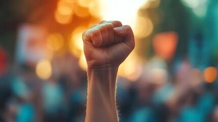 Raised Fist: A hand with a raised fist against a backdrop of a protest rally.

