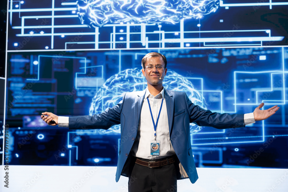 Poster portrait of smiling it expert talking in mic at technology summit, explaining impact of ai technolog