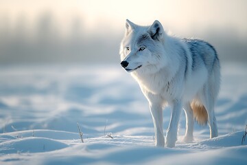 Obraz premium A lone wolf traverses a snowy expanse under a soft, cool sky.