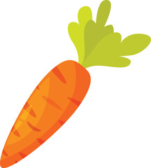 Single fresh ripe cartoon carrot with green leaves growing upwards, isolated on white