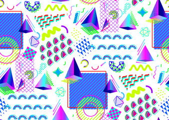 Contemporary Memphis inspired style vector seamless pattern. Dense over-the-top composition. Abstract texture background. Geometric shapes in vibrant neon colors, squiggles, diamonds, pyramids.