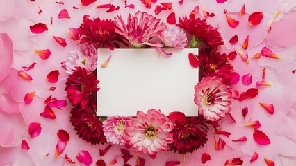 Obraz premium Top view of blank card and beautiful blooming flowers isolated on pink