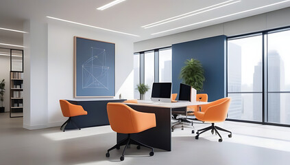 modern office space clean lines ergonomic furniture motivational artwork