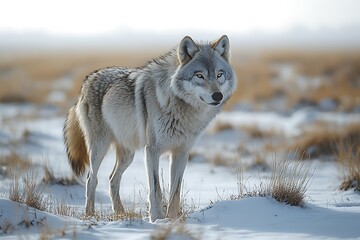 Obraz premium A lone wolf traverses a snowy field, its gaze steady and fur thick against the cold.
