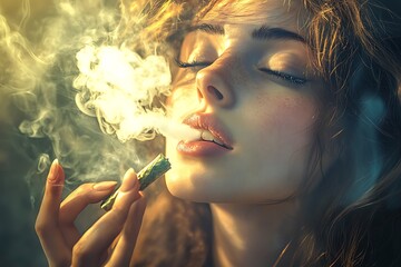 Obraz premium Woman smoking a cigarette with smoke in the air, close up