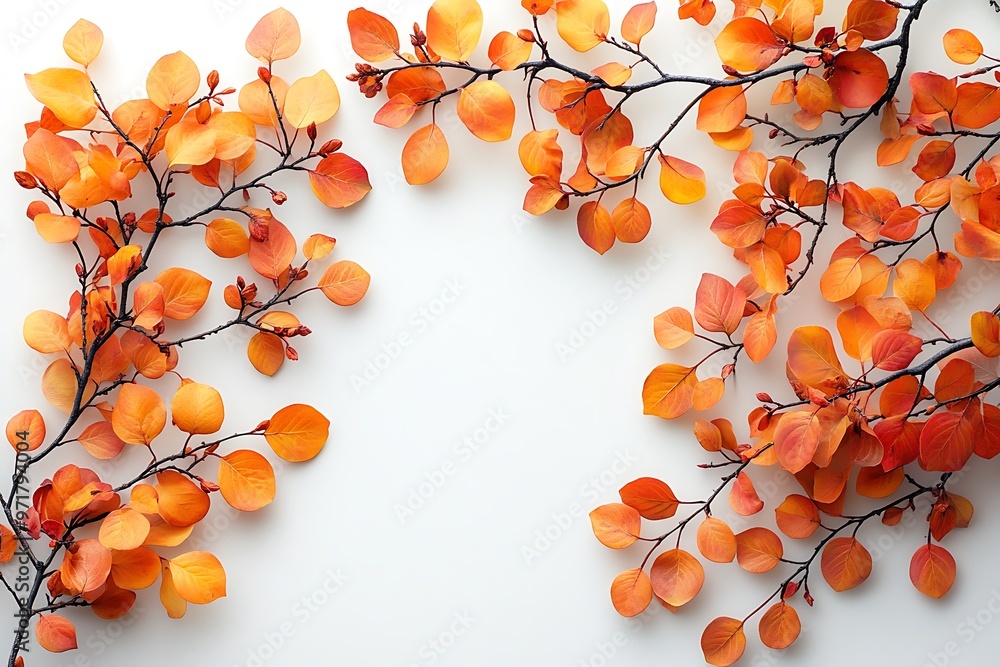 Wall mural Autumn leaves and branches on a white background with copy space.