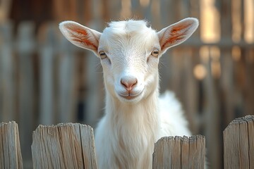 A white goat in a minimalistic farmyard setting.