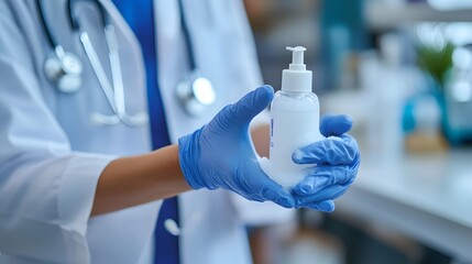 Sanitizing Hands: Doctor's hands being sanitized with a pump bottle of hand sanitizer, with foam and rubbing motion.