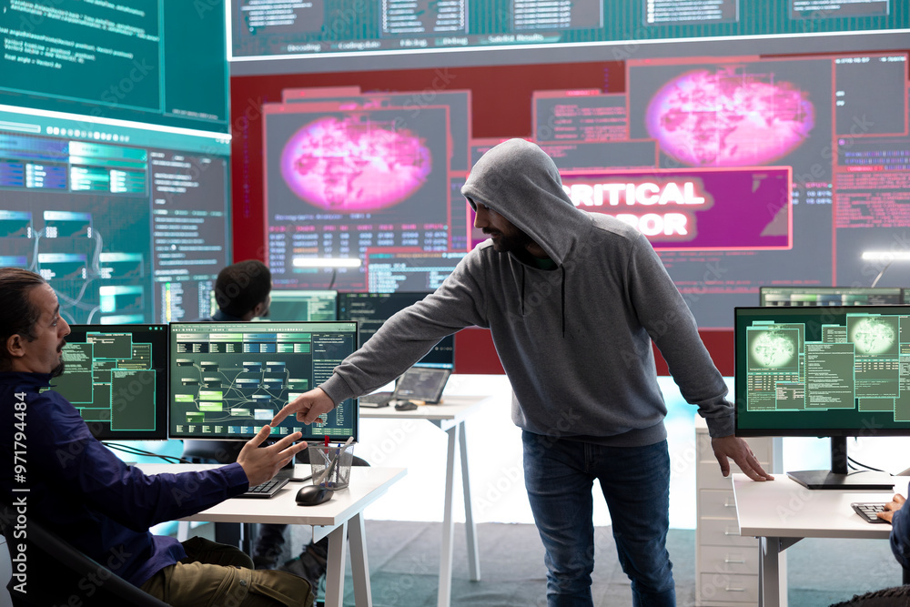 Poster it specialists receiving error messages on a big screen after trying to hack a government system, fa