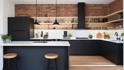 rustic kitchen exposed brick walls wooden cabinets vintage decor