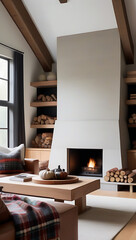 rustic living room large fireplace wood furniture cozy plaid blankets fall season