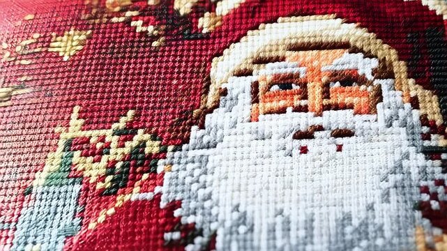 Creating a festive atmosphere with a needlepoint of santa claus on red canvas, adding a touch of handmade christmas spirit to any home