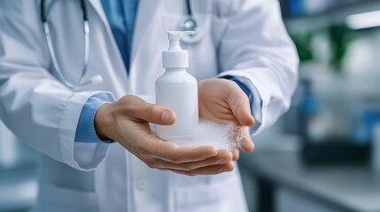 Sanitizing Hands: Doctor's hands being sanitized with a pump bottle of hand sanitizer, with foam and rubbing motion.