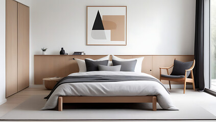 scandinavian bedroom white walls wooden furniture cozy textiles