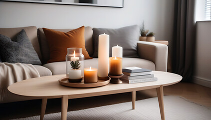living room light wood furniture white walls subtle fall accents like amber candles cozy throws