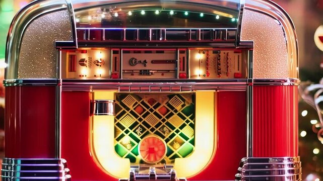 Cozy holiday scene with a glowing red jukebox, festive decorations, and a christmas tree in the background, creating a nostalgic atmosphere filled with music and lights