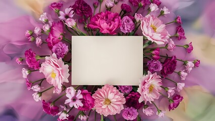 Obraz premium Top view of blank card and beautiful blooming flowers isolated on pink